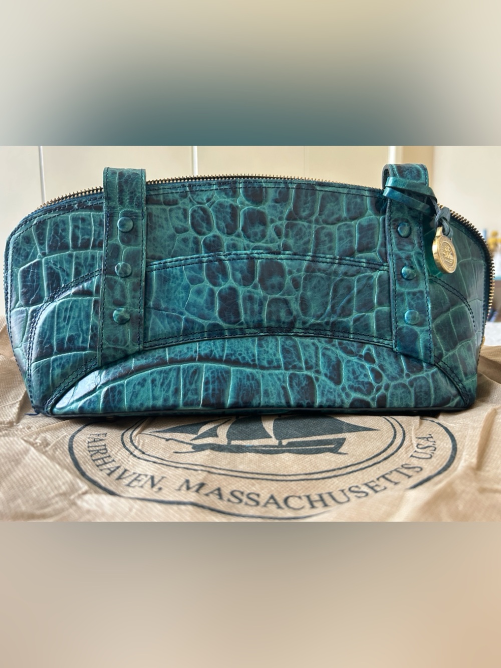 Brahmin Turquoise Croc-Embossed Leather Shoulder Bag - Picture 3 of 4